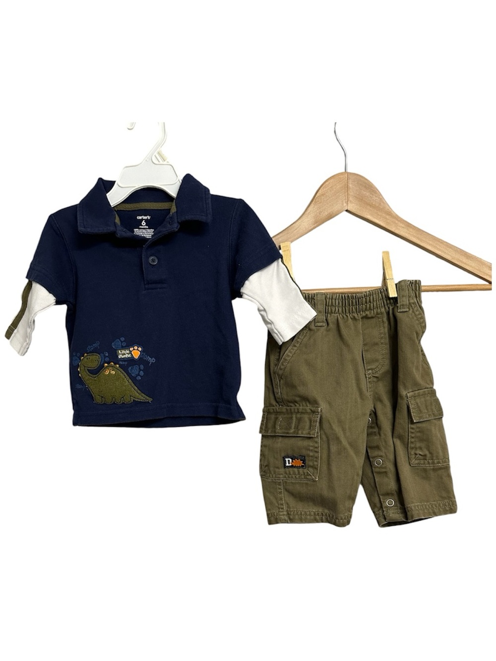 Carter's Navy Polo with Dino Graphic & Olive Cargo Pants Set-Size 6M